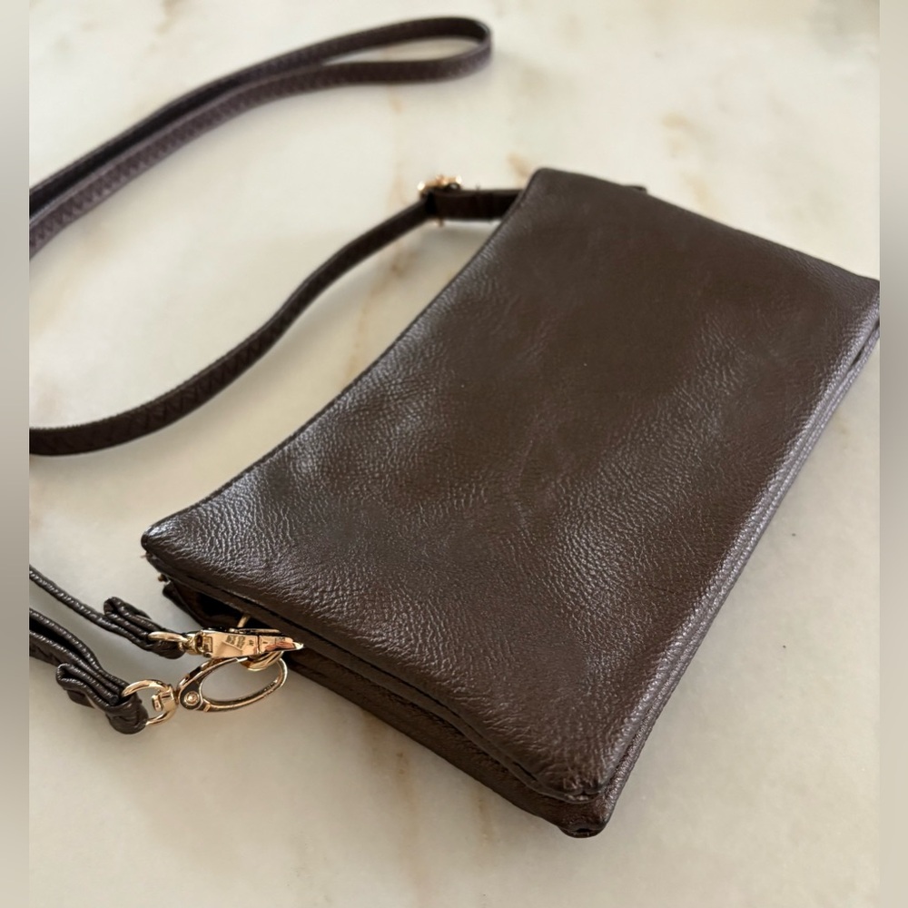 Bronze convertible crossbody/wristlet/clutch with gold hardware